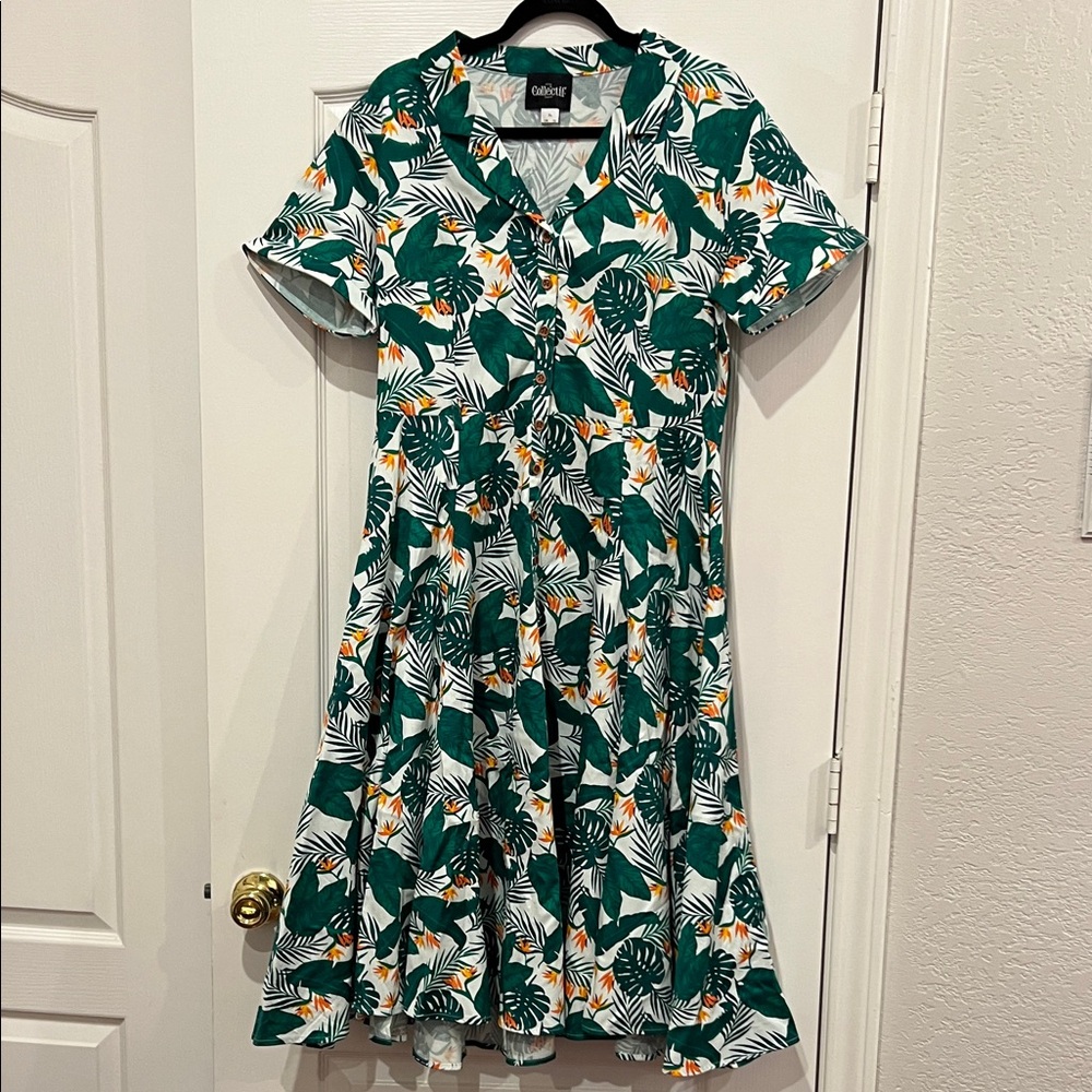 Collectif Green and White Tropical Print Dress with Yellow Accents